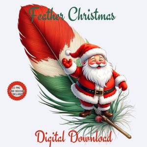 Plumas navideñas, clipart, acuarela, paquete de plumas y Papá Noel, descarga digital de arte natural, arte suave con plumas coloridas y vibrantes