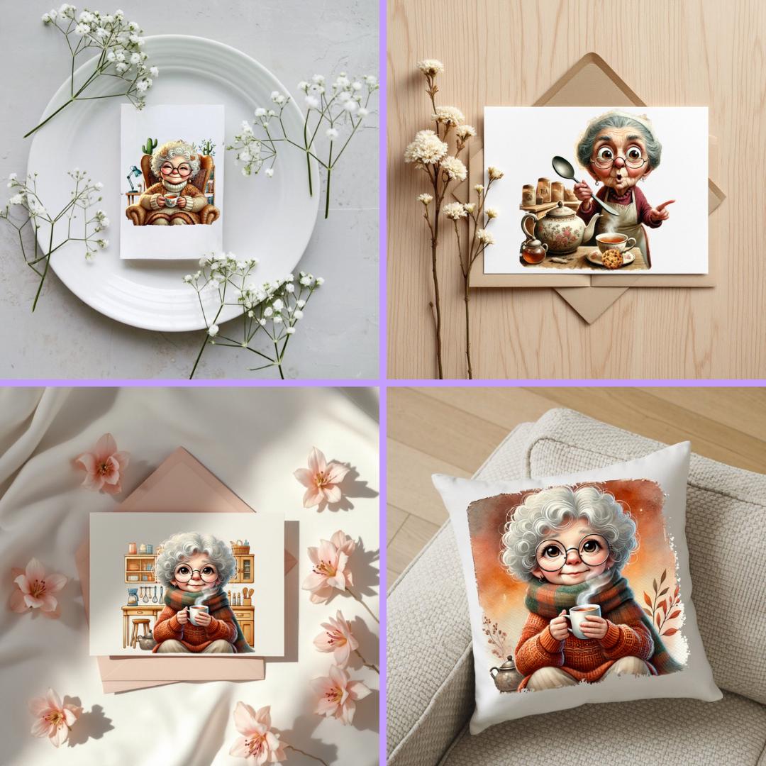 Senior Lady Drinking Coffee Clipart: Cozy Grandma PNG Bundle (digital ...