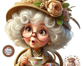 Senior Lady Drinking Coffee Clipart: Cozy Grandma PNG Bundle (Digital Download)