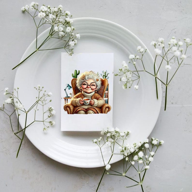 Senior Lady Drinking Coffee Clipart: Cozy Grandma PNG Bundle (digital ...