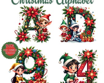 Aquarell Weihnachten Alphabet Clipart: Elf Buchstaben & Zahlen (PNG Digital Download)