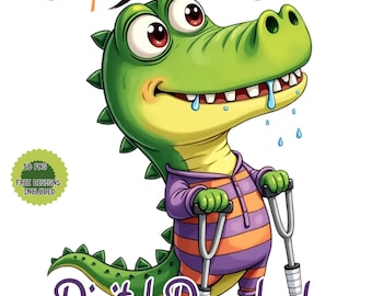 Grappige krokodil-clipart: komische alligator op krukken (digitale png-, jpg-, pdf-download)