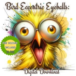Aquarell lustiger gelber Vogel Clipart, verrückter Vogel PNG und JPG, wunderliche schrullige Vogelillustration, urkomische Vogelgrafiken, lustige Vogelbilder