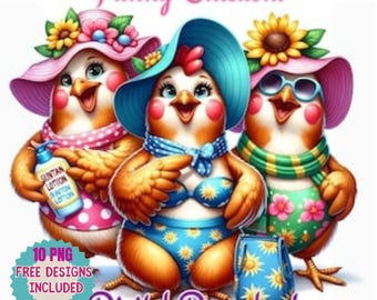 Watercolor Chicken Clipart: Funny Beach Chickens PNG (Digital Download)