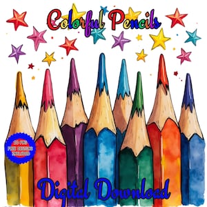 Paquete de imágenes prediseñadas de lápices de colores y acuarela. Suministros de arte. Imágenes prediseñadas de papelería. Arte mural. Imágenes prediseñadas de escuelas privadas. Imágenes prediseñadas originales