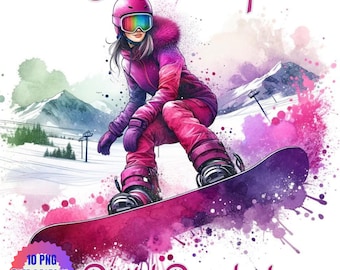Watercolor Snowboarding Clipart PNG: Winter Sport Graphics (Digital Download)