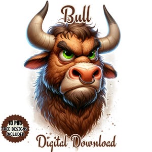 Aquarelillustratie van een boze stier en een blije stier met neusring. Vriendelijke, komische uitdrukking. Digitale boerderijdieren. Grafische afbeeldingen vee