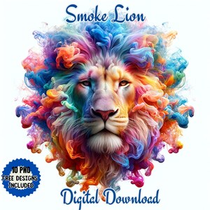 Imágenes prediseñadas de acuarela de león de humo. Arte místico. Paquete de imágenes prediseñadas de león colorido vibrante. Arte Policromático PNG y JPG. Imprimibles de arte de Safari