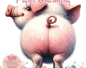Watercolor Pig Clipart: Fluffy Curly-Tailed Piglet (PNG & JPG Digital Download)