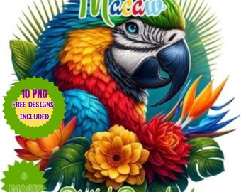 Watercolor Macaw Portrait Clipart, Tropical Bird PNG (Digital Download)