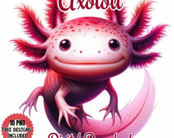 Watercolor Axolotl Clipart, Cute Amphibian Art (PNG, JPG, PDF)