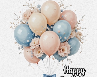 Balloon Birthday Card Clipart: Pink, Green, Blue, Yellow (Digital Download)