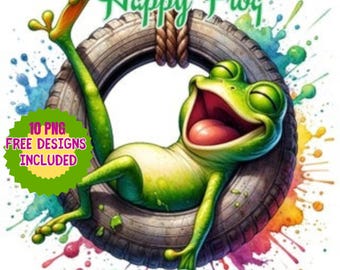 Rana de acuarela en columpio: Animal alegre PNG JPG (Descarga digital)