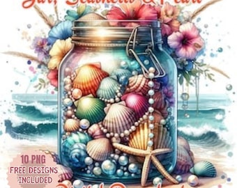 Watercolor Seashells & Pearl Clipart: Beach Flowers in Jar (Digital Download)