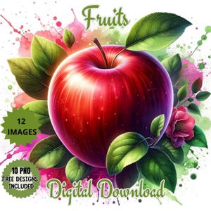 Clipart di frutti dell'acquerello. Illustrazioni di mela rossa, banana, fragola, mela verde, limone e pera. Cibo salutare. Frutta fresca di fattoria assortita