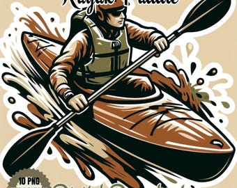 May include: Illustration of a kayaker paddling a kayak with a paddle. The image features a brown and black kayak, a kayaker wearing a life vest, and the text "Kayak Paddle" and "Digital Download". The image includes a splash of water.