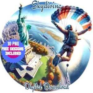 Clipart colorido de paraquedismo em aquarela, clipart digital de paraquedismo, PNG de aventura, gráfico de aventura esportiva, imagem esportiva Estátua da Liberdade