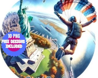 Skydiving Statue of Liberty Watercolor Clipart (PNG & JPG, Digital Download)