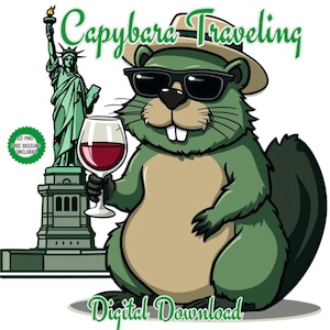 Carpincho Viajando PNG Clipart. Adorable Carpincho Viajando a Nueva York Roma París Sydney Japón. Arte digital animal capibara. Carpincho divertido