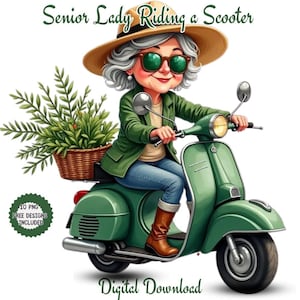 Aquarelle de femme âgée conduisant un scooter. Clipart drôle de grand-mère équitation scooter.  Trottinette florale PNG. Aventures pour seniors . Clipart gens cool