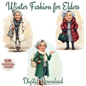 Modische ältere Damen Aquarell Clipart Png. Wintermode für ältere Menschen. Lustig, Stilvoll & Fröhlich Alte Damen Clipart PNG. Seniorenschick