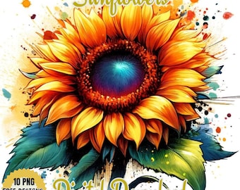 Watercolor Sunflower Clipart, Vibrant Floral Art (PNG Digital Download)