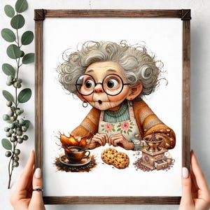 Senior Lady Drinking Coffee Clipart: Cozy Grandma PNG Bundle (digital ...