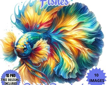 Watercolor Betta Fish Clipart: Vibrant Fins PNG, JPG (Digital Download)