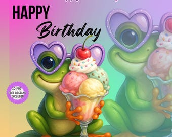 Watercolor Frog Birthday Clipart: Quirky Cake Designs (PNG Digital Download)