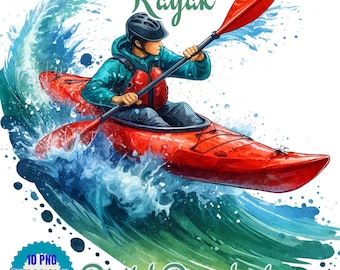 May include: A watercolor illustration of a person kayaking through a wave. The kayak is red and the person is wearing a blue jacket and a helmet. The text "Kayak" is written in green above the image. The text "Digital Download" is written in green below the image.