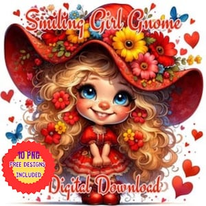 Clipart aquarelle fille nain PNG. Gnome en robe rouge et chapeau avec des fleurs. Blonde bouclée avec un clin d'oeil et un art souriant. Images de coeur avec des mains