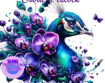 Clipart aquarel pauw: exotische bloemen, png (digitale download)