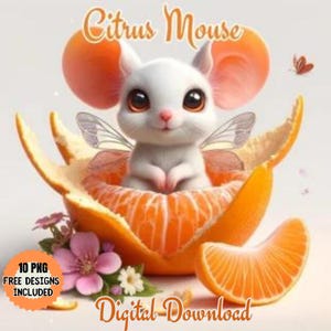 Clipart souris magique mandarine, illustration aquarelle PNG et JPG, haute qualité, souris blanche avec des ailes, de grands yeux, des fleurs et des papillons.