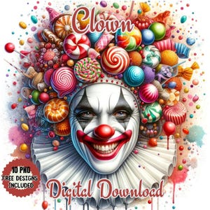 Clipart de payaso dulce y colorido, acuarela, PNG. Payaso feliz, alegre y juguetón con dulces, frutas, postres y verduras en el pelo.