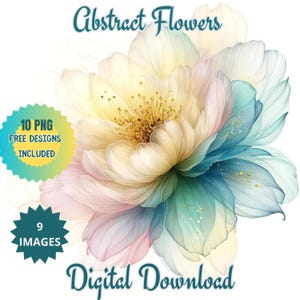 Imágenes Prediseñadas de flores abstractas. Arco iris, amarillo, azul, rosa, flores verdes, acuarela imprimible, JPG de alta calidad, artesanía de papel, diarios basura