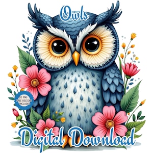 Hibou Clipart PNG aquarelle. Sublimation de hibou mignon, oeuvre d'art de hibou, hibou imprimable. Hiboux colorés à la mode. Ensemble de 3 cliparts fleuris, chouette