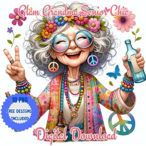 Watercolor Flirty Grandma Clipart, Stylish Ladies Makeup, Funny Old Ladies , Elderly People Clipart, Cute Grandma Art, Cheerful Old Lady