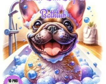 French Bulldog Bath Time Watercolor Art, Playful Dog Illustration (Digital Download)