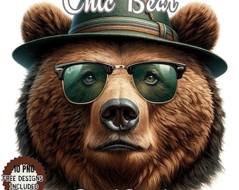 Chic Bear Watercolor Clipart: Fashionable Sunglasses & Hats (Digital Download)