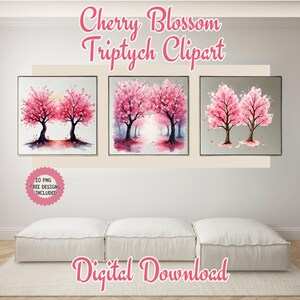 Set of 3 Tropical Prints Cliparts Watercolor. Wall Decor Cherry Blossom Prints Triptych Png & Jpg. Wedding Floral Art. Home Artwork Digital