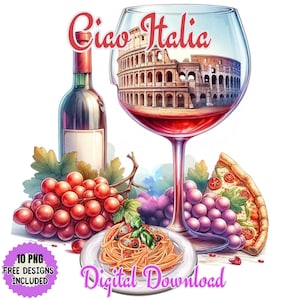 Italy Travel & Landmark. Italy in Watercolor Clipart: Wine, Colosseum and Trevi. Pizza, Pasta and Grapes. Perfect for Italian culture lovers