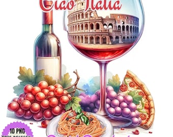 Italy Watercolor Clipart: Wine, Colosseum, Pizza (Digital Download)