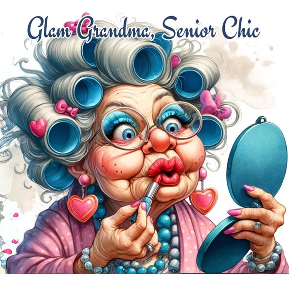 Watercolor Flirty Grandma Clipart, Stylish Ladies Makeup, Funny Old Ladies , Elderly People Clipart, Cute Grandma Art, Cheerful Old Lady