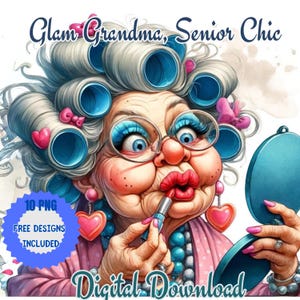 Aquarell Flirty Oma Clipart, Stilvolle Damen Make-up, lustige alte Damen, ältere Menschen Clipart, süße Oma Art, fröhliche alte Dame