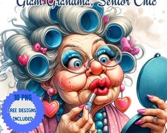 Clipart de abuela glamurosa en acuarela: Maquillaje elegante (Descarga digital)