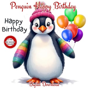 Clipart anniversaire pingouin. Illustrations numériques festives pour cartes de voeux, invitations à des fêtes, décoration. Clipart joyeux anniversaire aquarelle