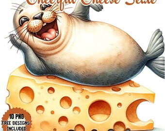 Watercolor Seal on Swiss Cheese Clipart, Nautical Print (Digital Download)