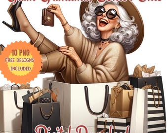 Clipart de abuelas de moda en acuarela: elegantes ancianas de compras (Descarga digital PNG JPG)