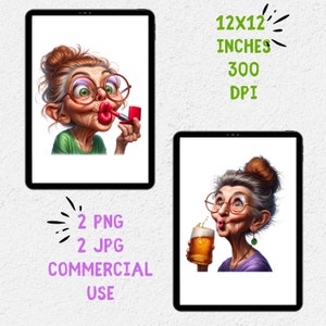Puede incluir: Dos ilustraciones digitales de una mujer mayor de dibujos animados. La primera imagen muestra a la mujer con gafas y aplic&aacute;ndose l&aacute;piz labial. La segunda imagen muestra a la mujer con gafas y sosteniendo un vaso de cerveza. Ambas im&aacute;genes tienen un fondo blanco. 12x12 pulgadas, 300 DPI. 2 PNG, 2 JPG, Uso comercial.
