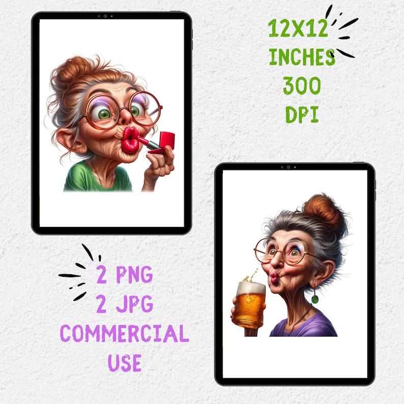 Puede incluir: Dos ilustraciones digitales de una mujer mayor de dibujos animados. La primera imagen muestra a la mujer con gafas y aplic&aacute;ndose l&aacute;piz labial. La segunda imagen muestra a la mujer con gafas y sosteniendo un vaso de cerveza. Ambas im&aacute;genes tienen un fondo blanco. 12x12 pulgadas, 300 DPI. 2 PNG, 2 JPG, Uso comercial.